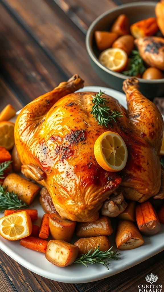 Oven-baked chicken, golden brown, garnished with herbs and lemon, on a rustic table with roasted vegetables.